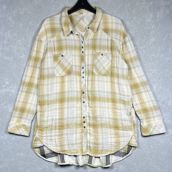 FREE PEOPLE Double Dip Flannel Button Up Shirt XL Plaid Western Cowgirl Boho - Picture 1 of 13
